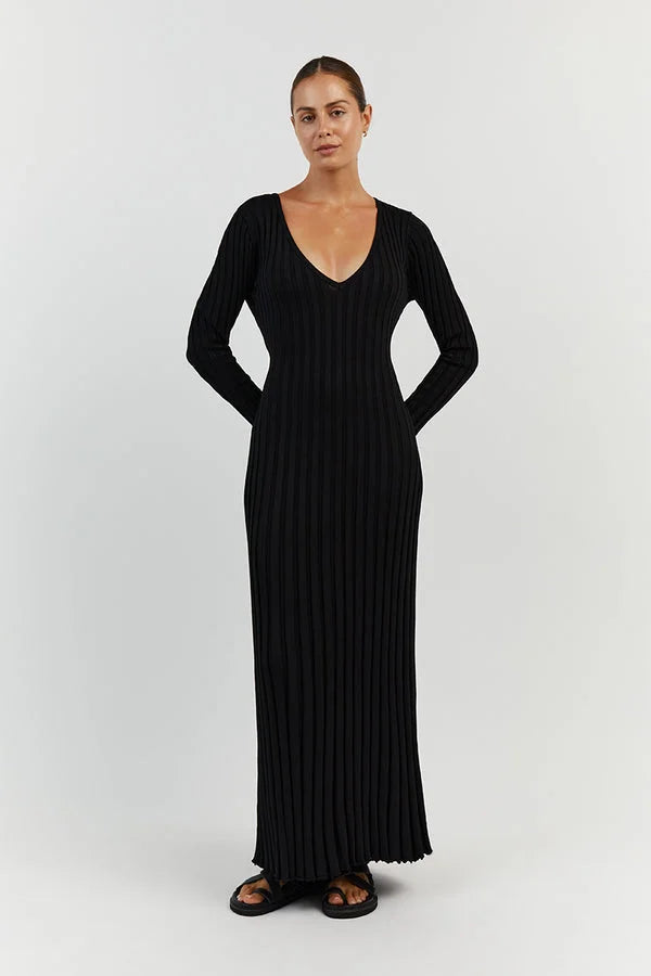 Verónica Minimalist Midi Dress with V Neck and Knitted Sleeves Elevated Occasion Wear