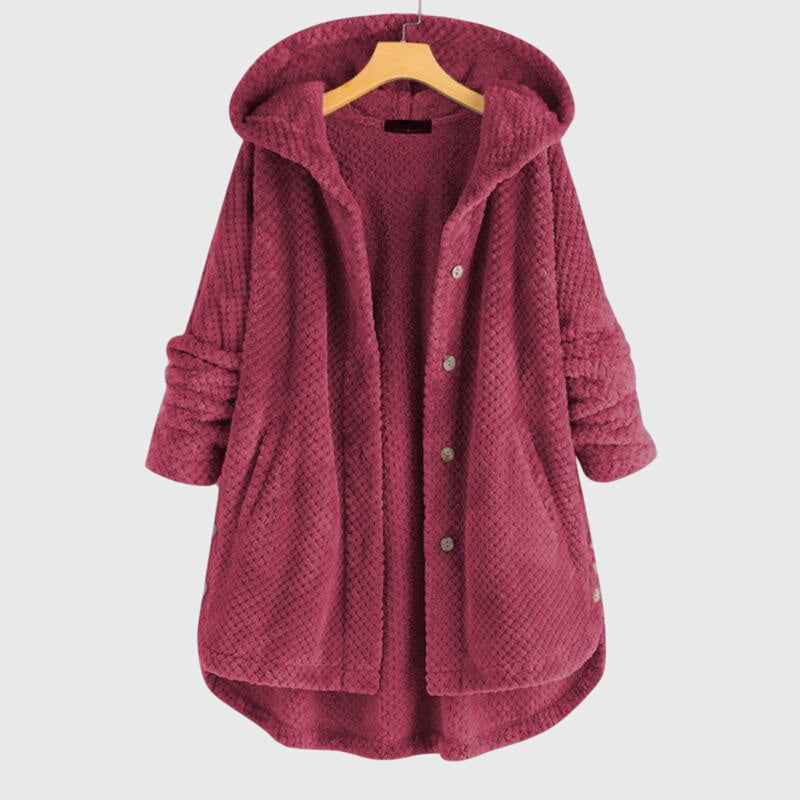 Hooded Fleece Button Front Long Sleeve High-Low Jacket