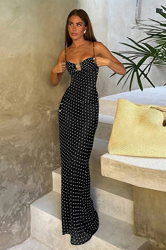 Black Polka Dot Lace Cami Backless Maxi Dress