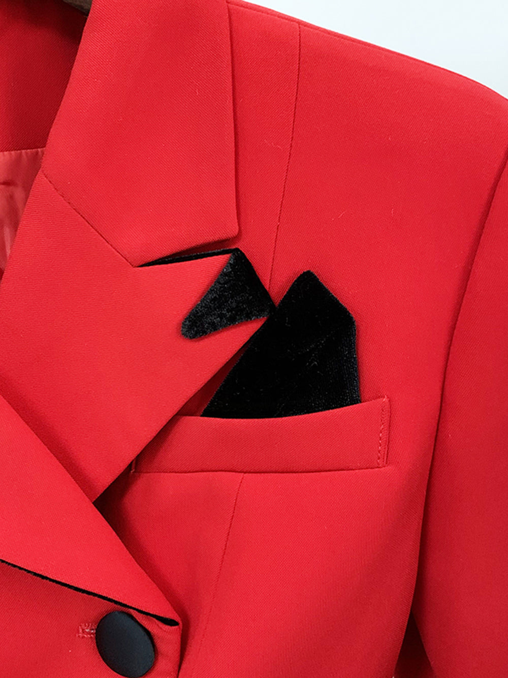Red Asymmetric Lapel Button Front Pocket Square Structured Blazer 4