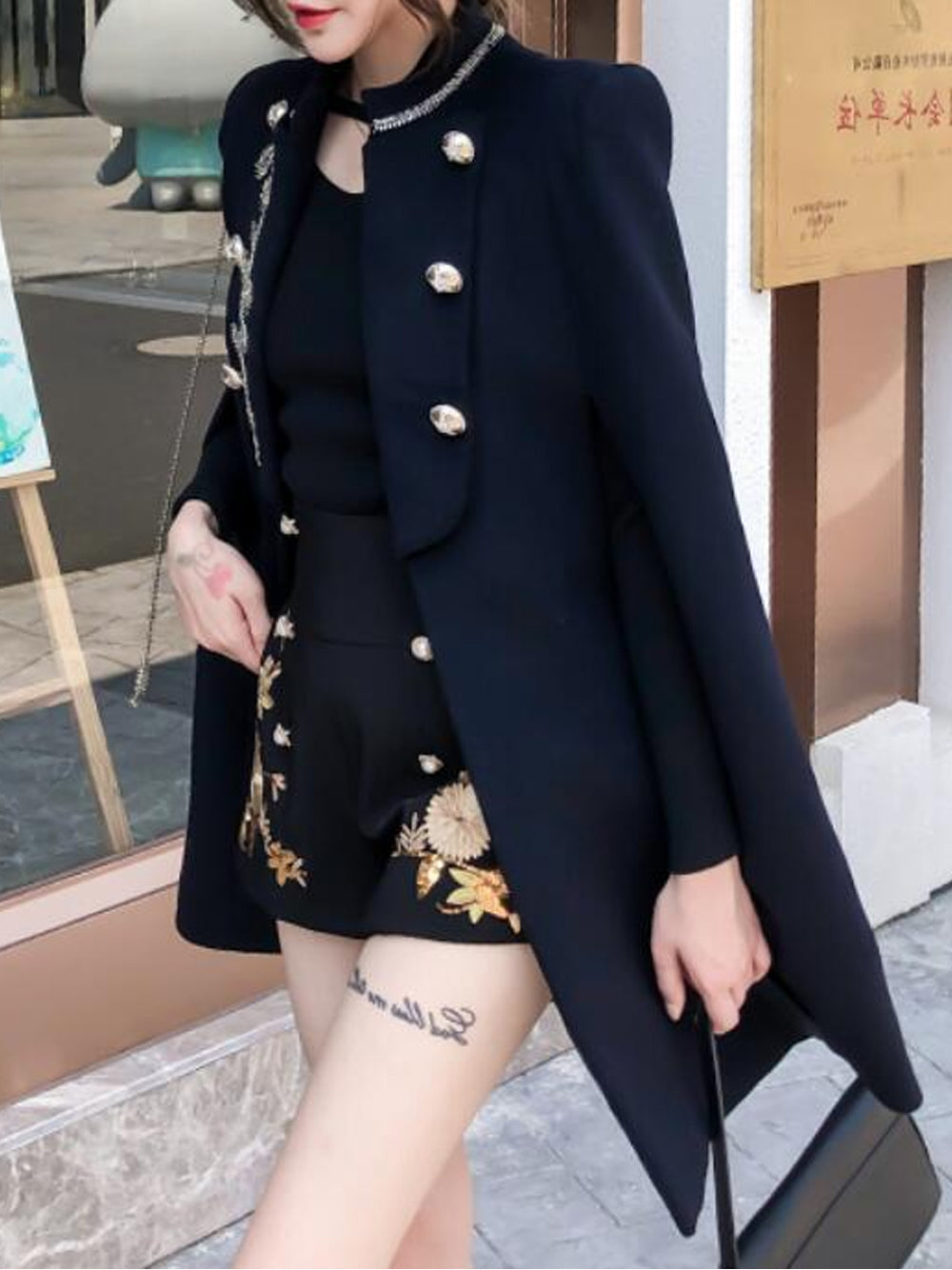 Stand Collar Gold Embroidered Button Military Cape