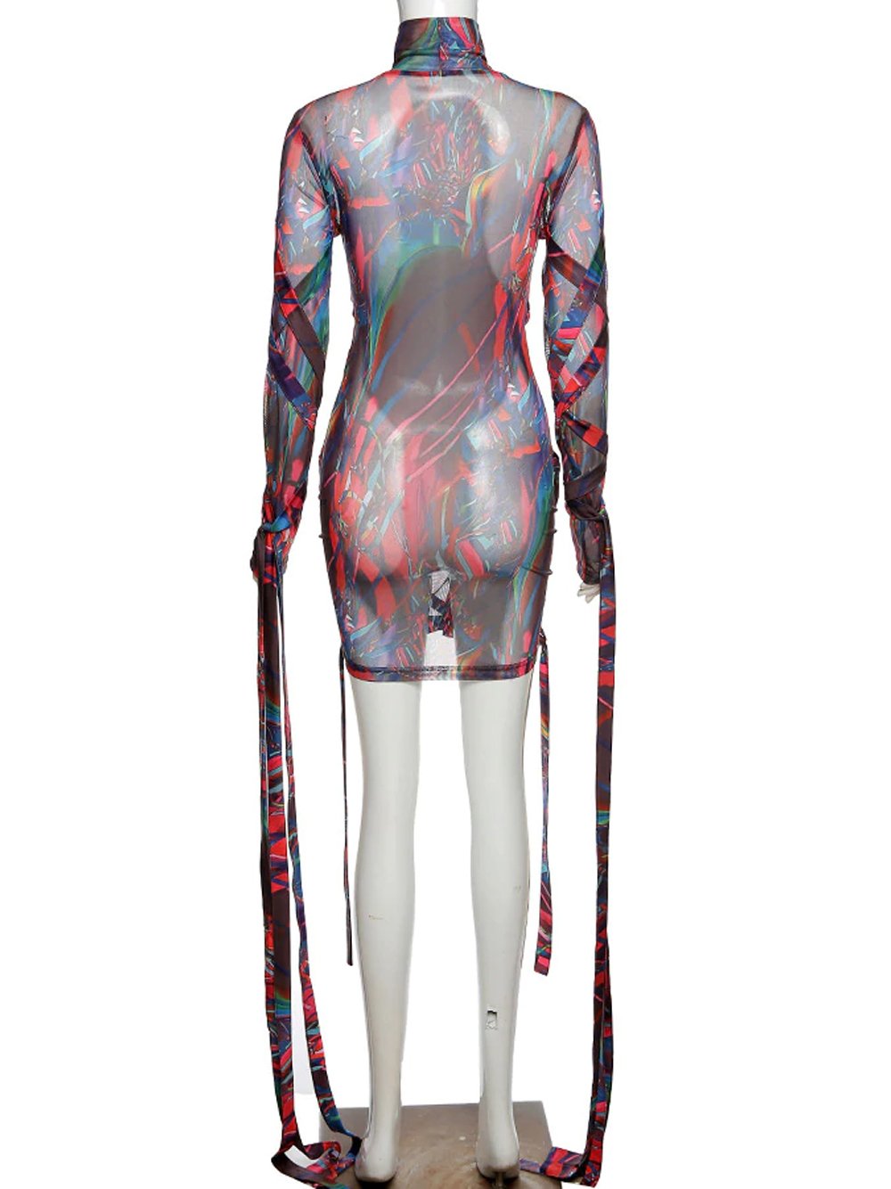 Multicolor Mock Neck Abstract Print Mesh Long Sleeve Strappy Bodycon Mini Dress
