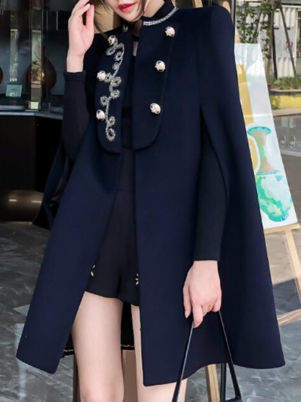 Stand Collar Gold Embroidered Button Military Cape