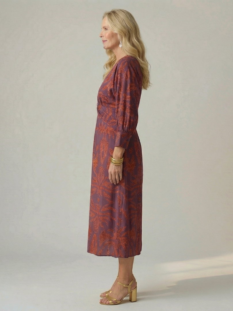 V-Neck Twist Front Long Sleeve Abstract Print Sheath Midi Dress
