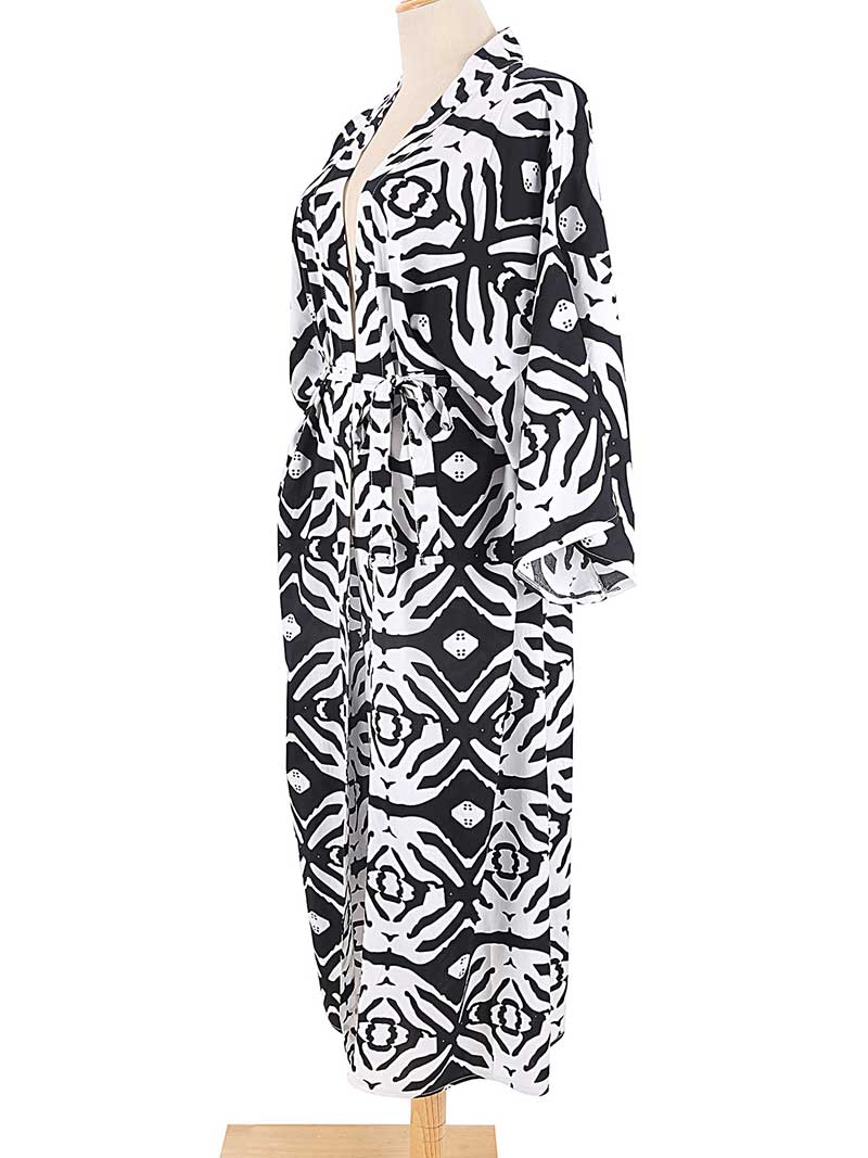Open Front Abstract Print Belted Long Kimono Robe 25