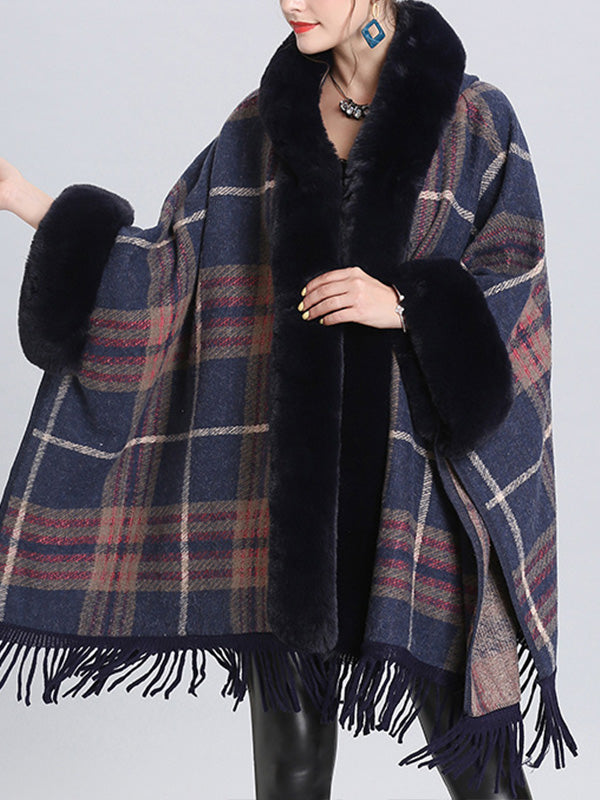 Faux Fur Trim Plaid Tassel Hem Cape Poncho Cardigan