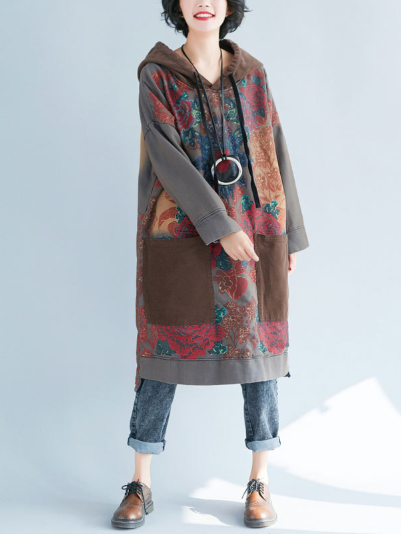 Hooded Floral Print Patchwork Pocket Oversized Sweatshirt Dress