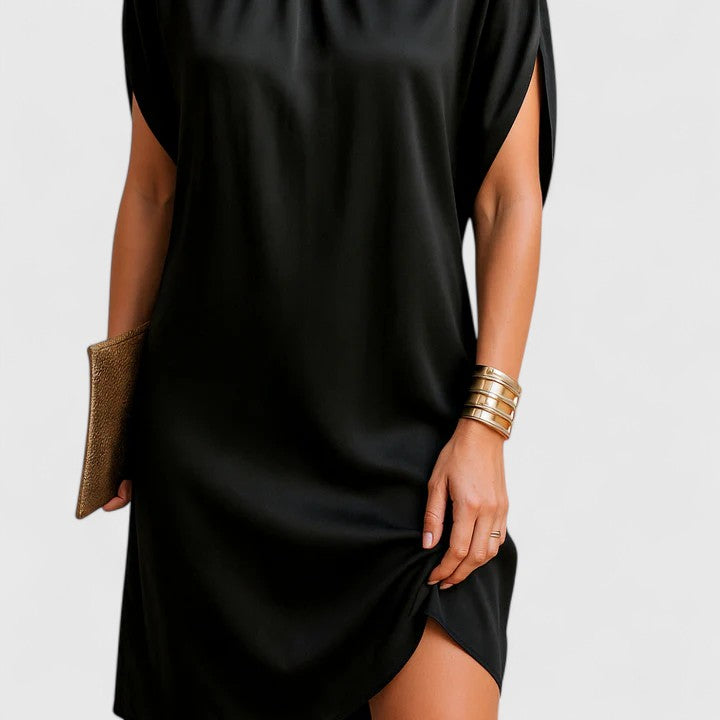 Black Mock Neck Satin Gathered Cap Sleeve Shift Mini Dress 3