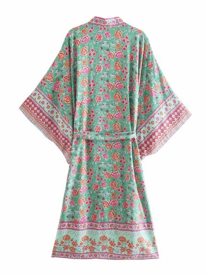 Green Rose Floral Print Border Trim Tie Waist Wide Sleeve Long Kimono 2