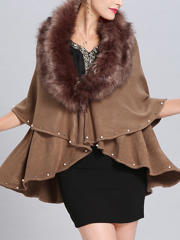 Fur Collar Pearl Trim Draped Knit Cape Cardigan 17
