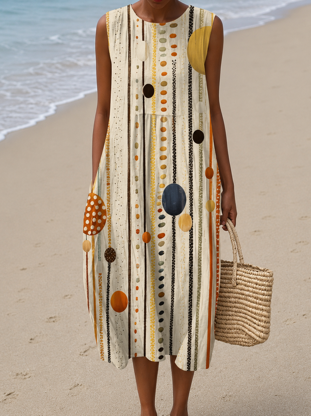 Round Neck Abstract Dot Stripe Print Sleeveless Shift Midi Dress