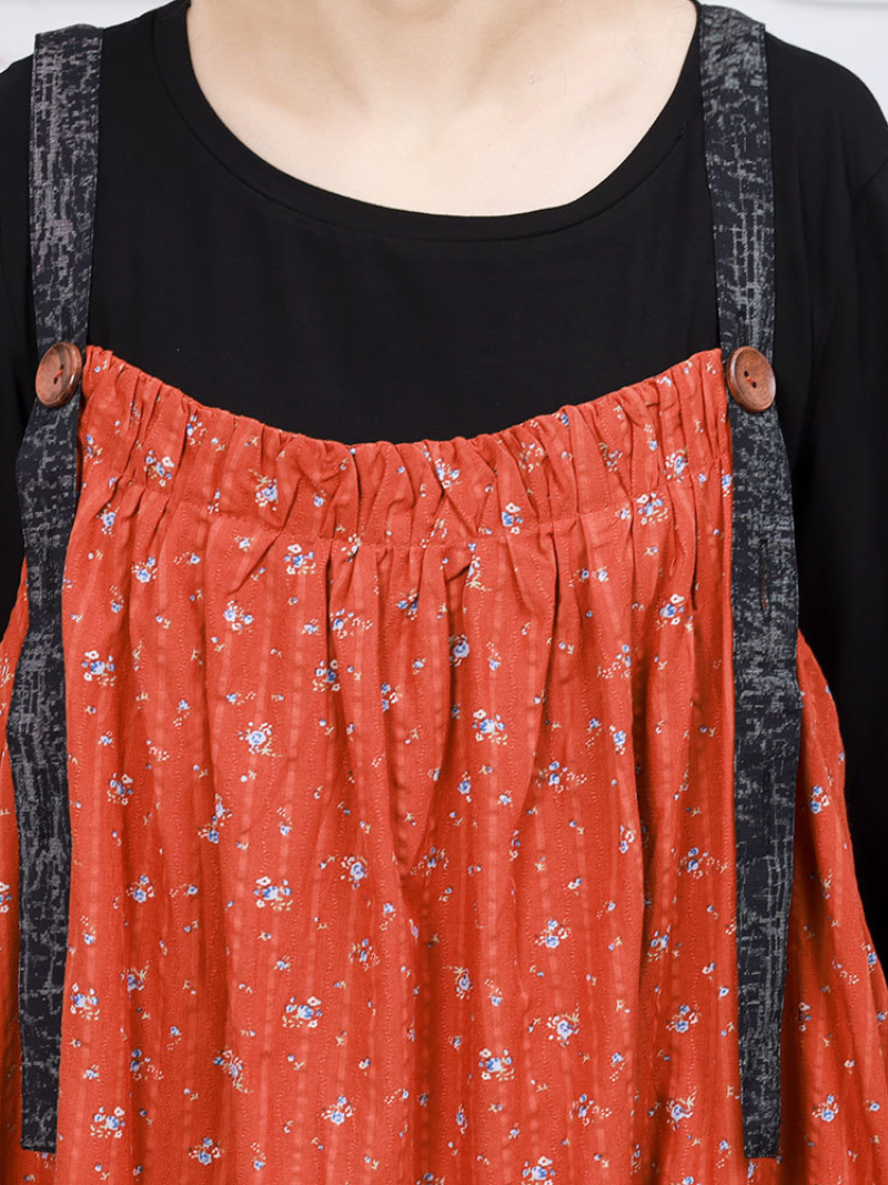 Orange Strap Floral Print Side Pocket Pinafore Maxi Dress