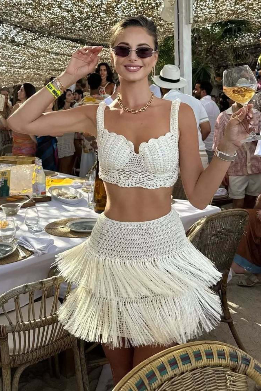 Crochet Fringe Halter Bikini Skirt Set