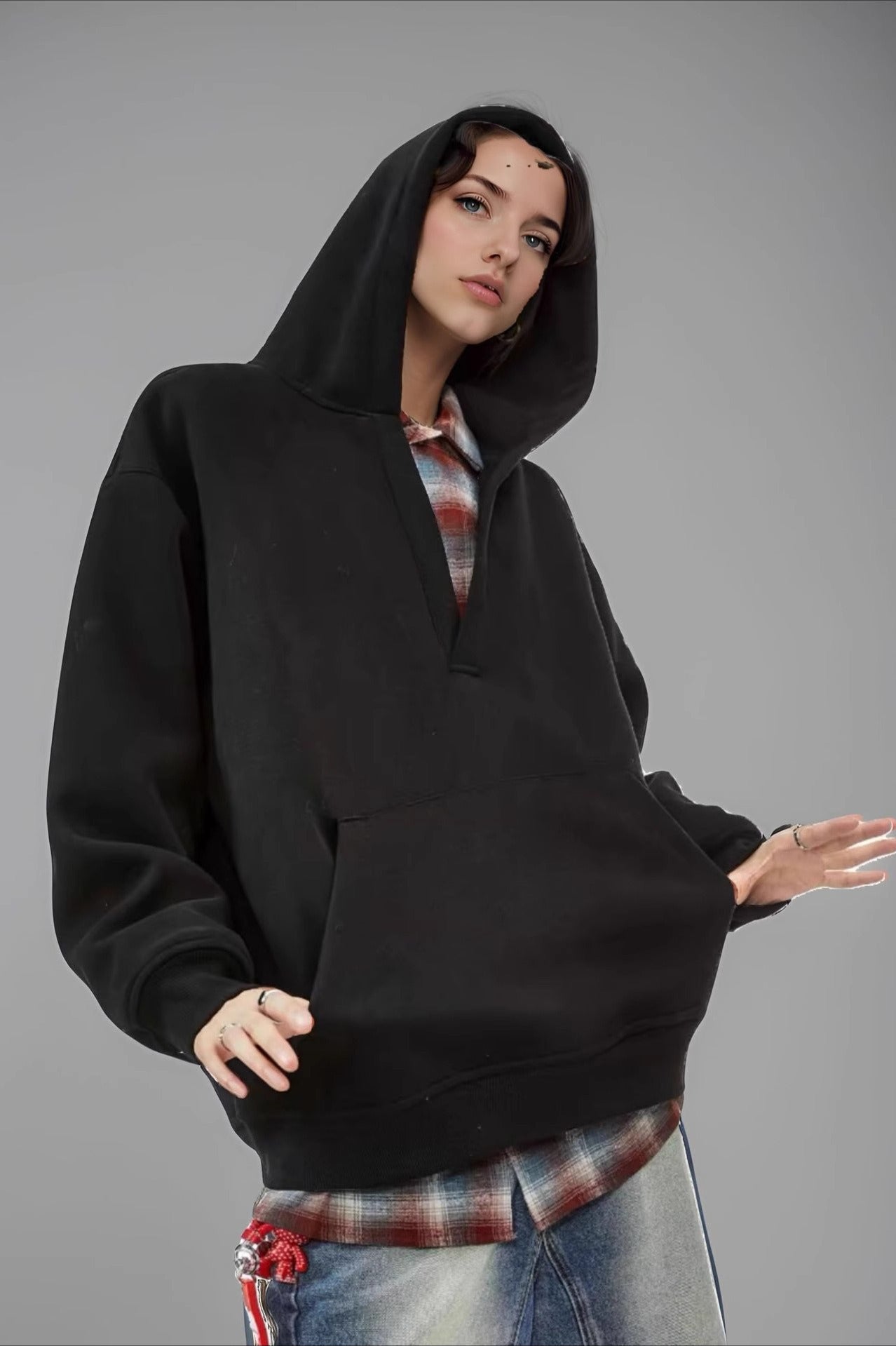 V Neck Loose Fit Pullover Hoodie