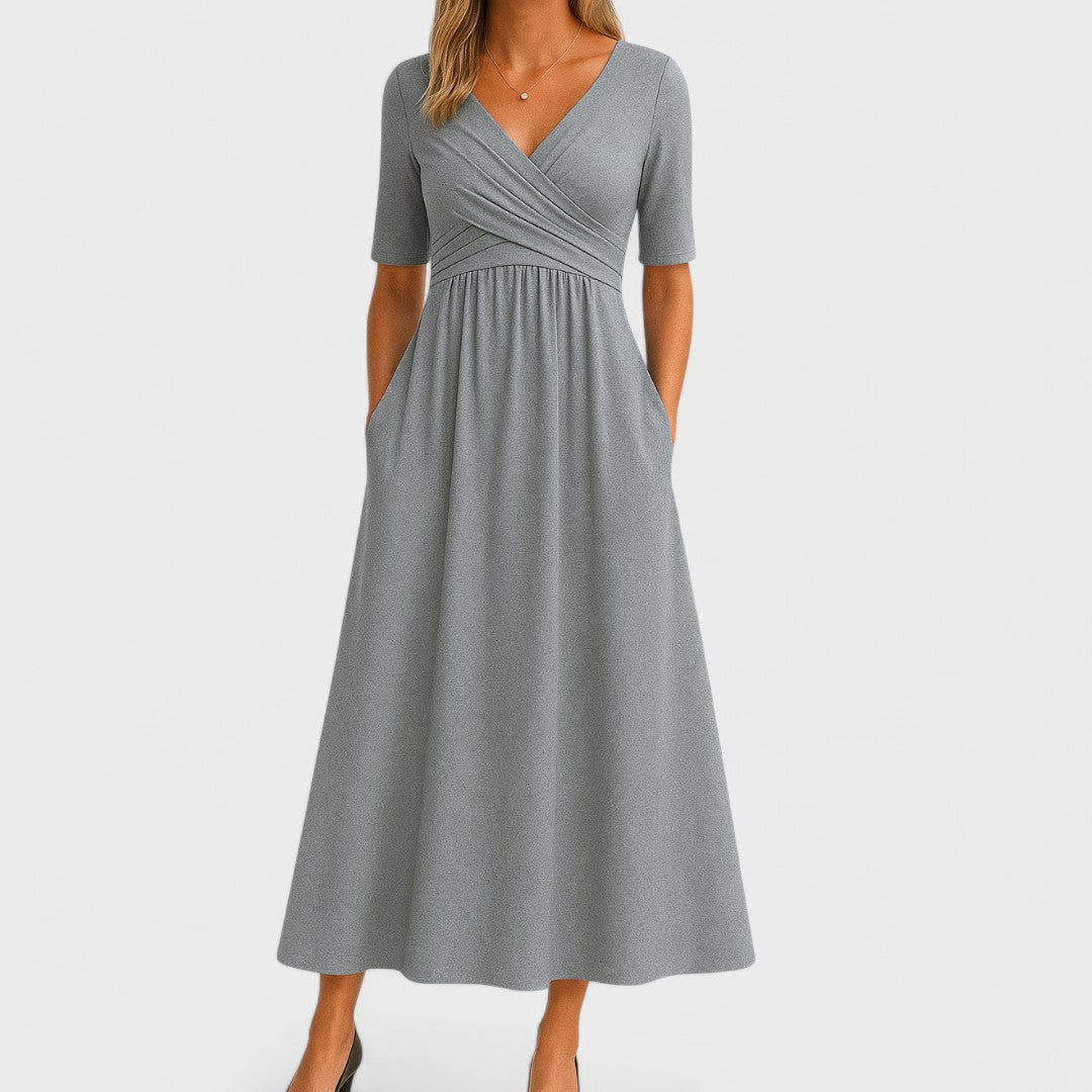 Surplice V-Neck Short Sleeve Pocket A-Line Midi Dress 4