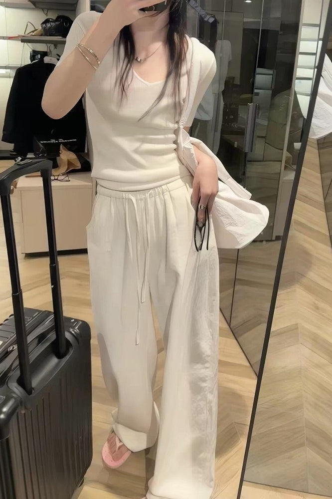 Relaxed Washed Linen Wide Leg Drawstring Pants