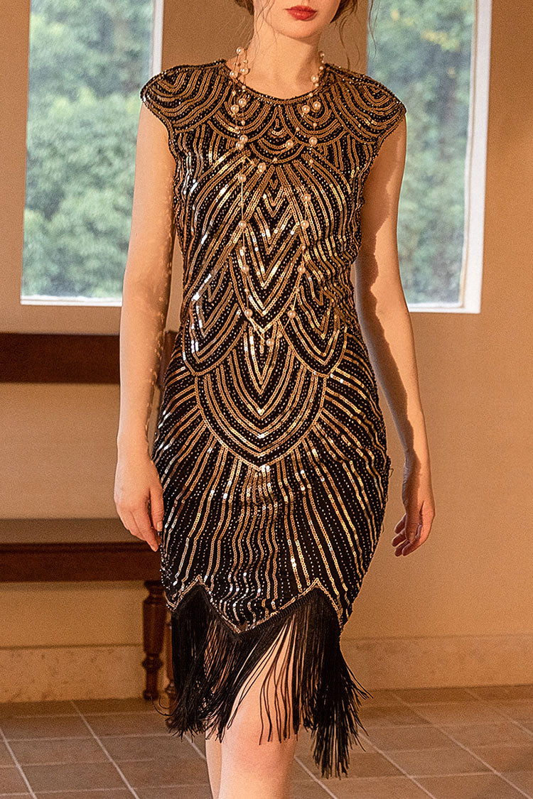 Gold Round Neck Cap Sleeve Sequin Fringe Hem Flapper Midi Dress