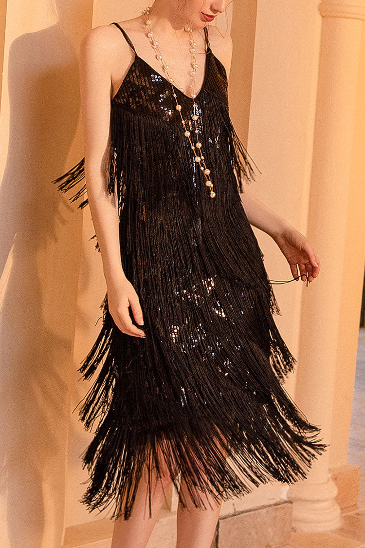 Black V-Neck Spaghetti Strap Sequin Tiered Fringe Flapper Midi Dress
