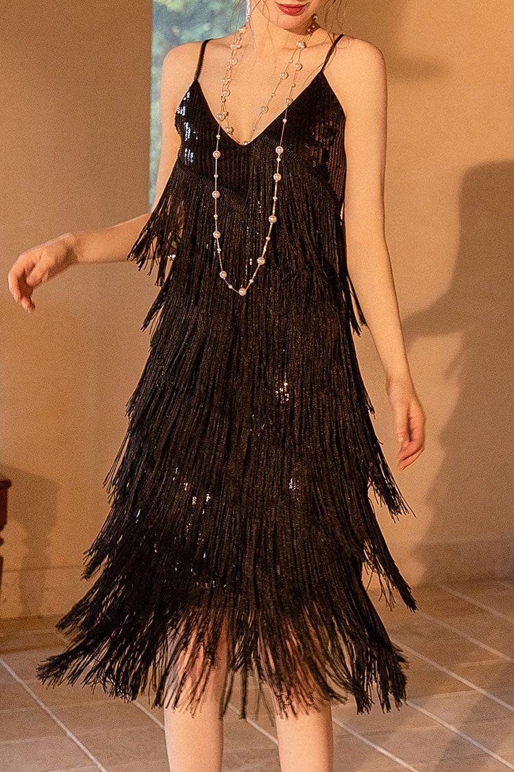 Black V-Neck Spaghetti Strap Sequin Tiered Fringe Flapper Midi Dress