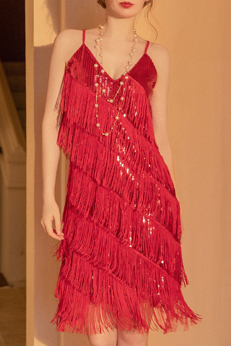 Red V-Neck Spaghetti Strap Sequin Tiered Fringe Flapper Midi Dress
