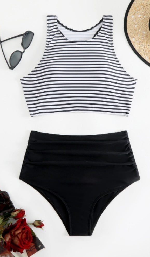 Striped Slim Fit High Waist Two Piece Swim Set