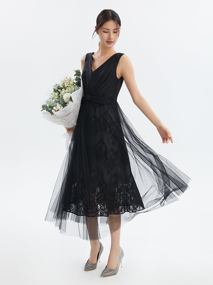 Triacetate V-Neck Gathered Waist Midi Dress