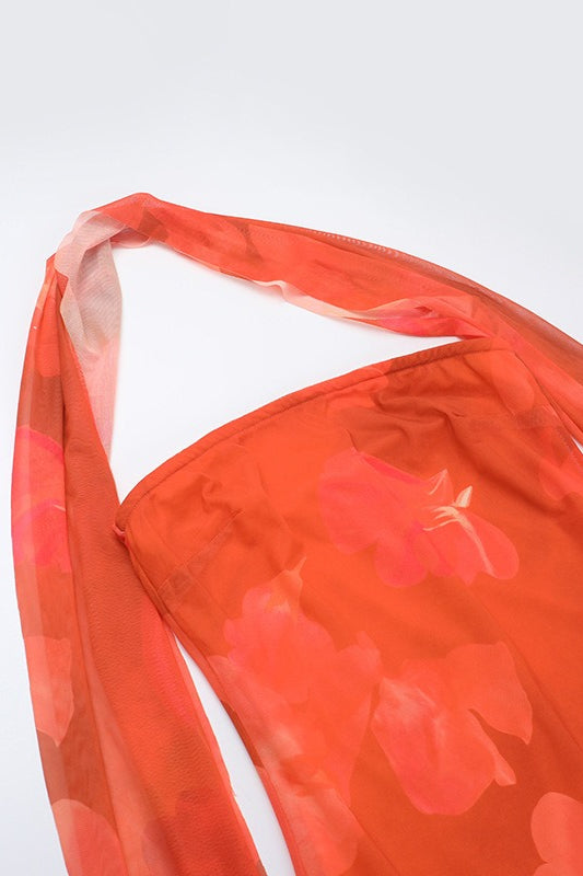 Orange Strapless Mermaid Ruched Abstract Floral Print Maxi Dress 6