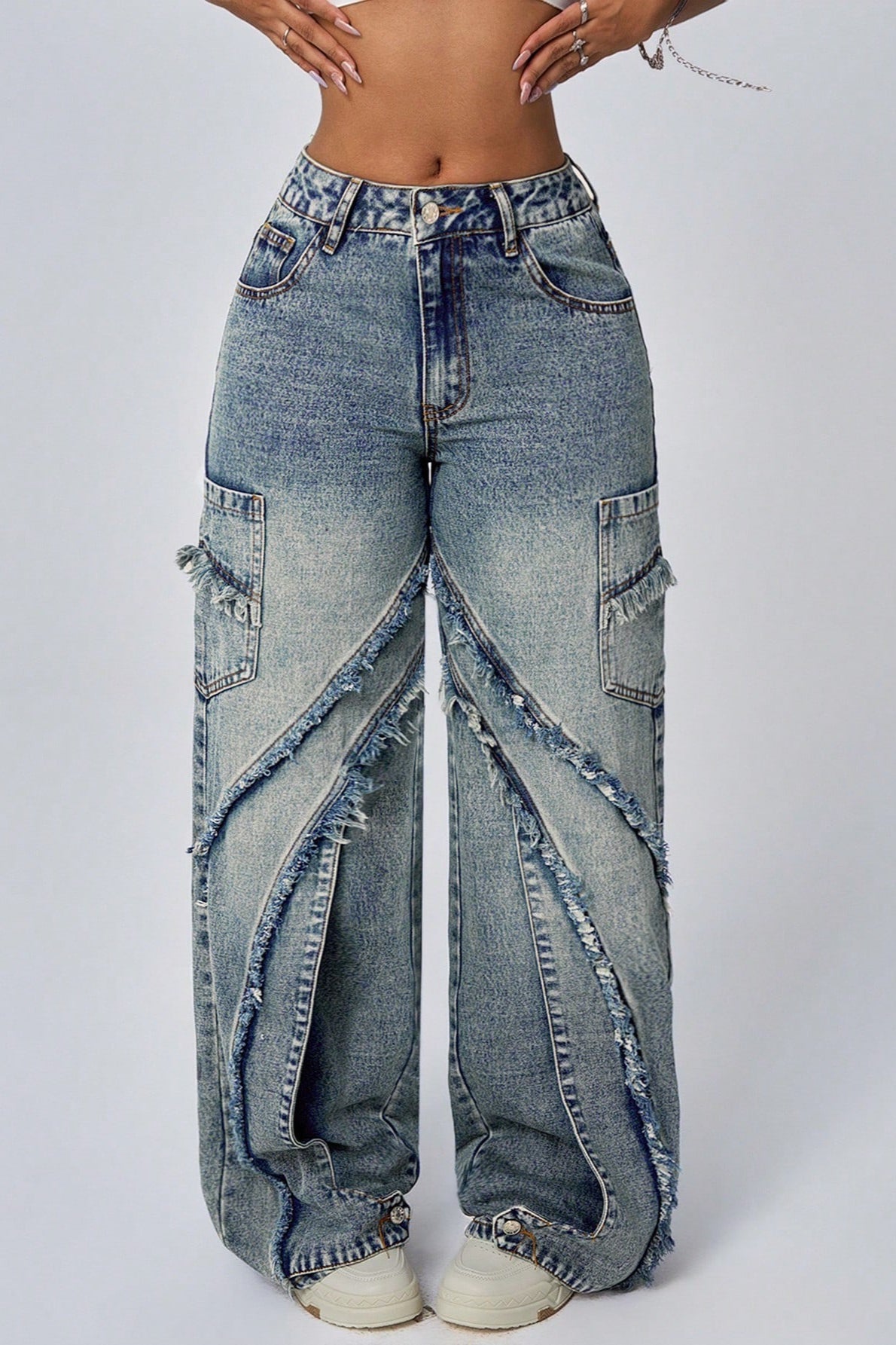 Frayed Patchwork Wide-Leg Loose Denim Jeans