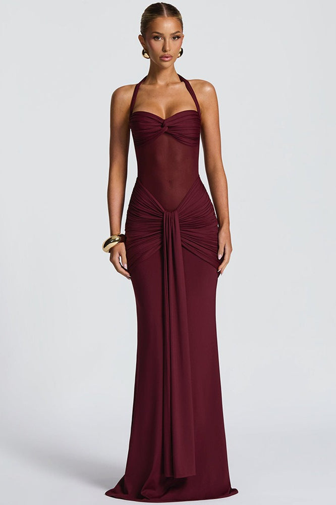 Mesh Paneled Fishtail Sash Bodycon Party Dress