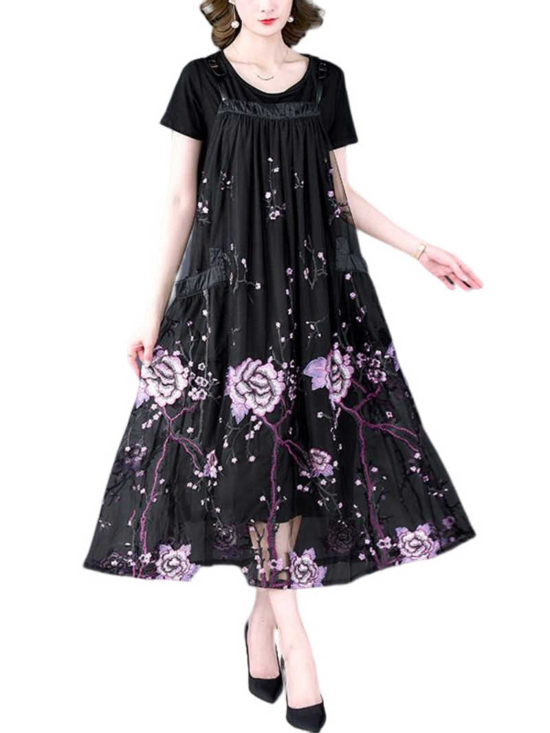 Strap Floral Embroidered Mesh Overall Pinafore Midi Dress
