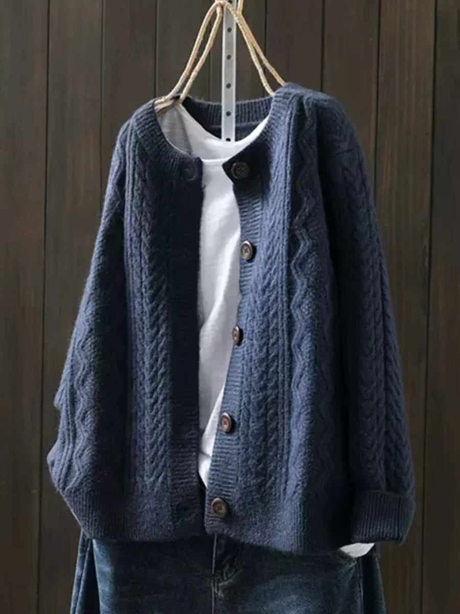 Round Neck Button Front Cable Knit Long Sleeve Cardigan