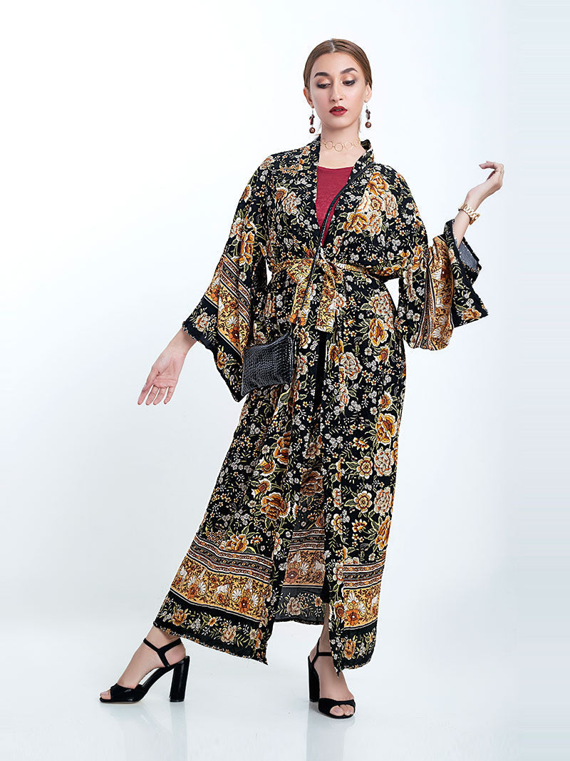 Black Baroque Floral Print Border Trim Belted Wide Sleeve Long Kimono