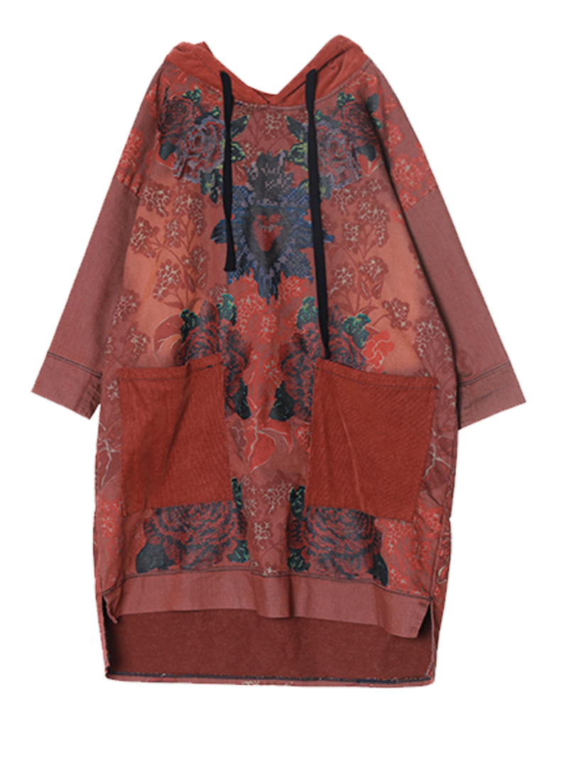 Hooded Floral Print Patchwork Pocket Oversized Sweatshirt Dress 2