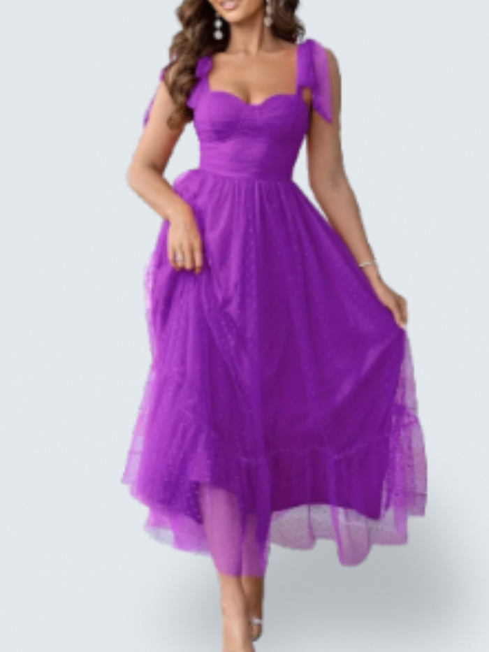 Sweetheart Neck Tie Strap Tulle Ruched A-Line Midi Dress