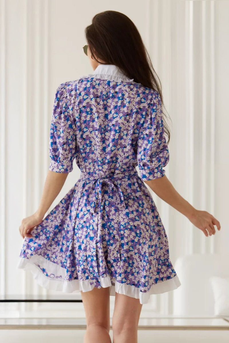 Purple Oversized Peter Pan Collar Puff Sleeve Ruffle Hem Ditsy Floral Mini Dress 3