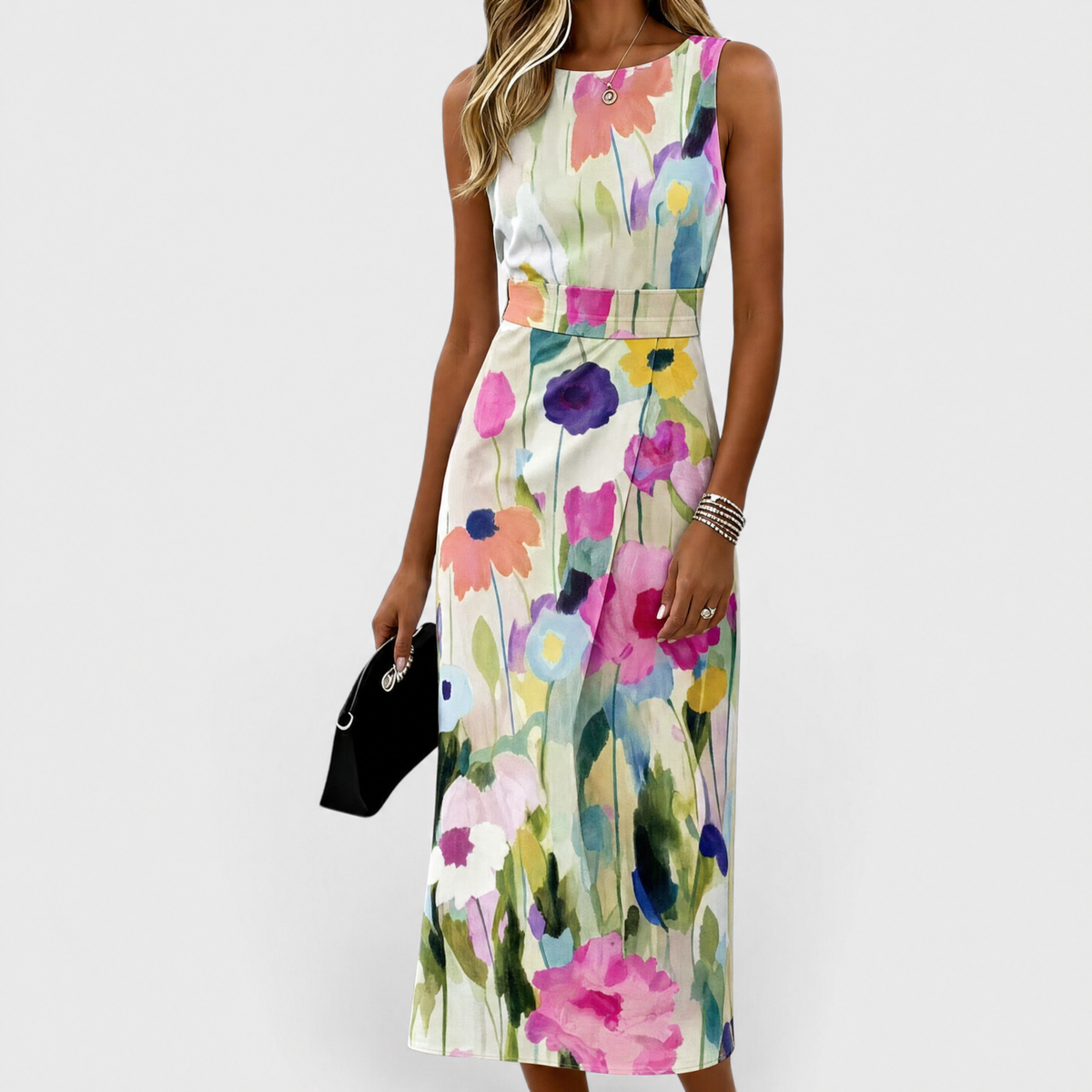 Watercolor Floral Boat Neck Watercolor Floral Sleeveless Belted Sheath Midi Dress