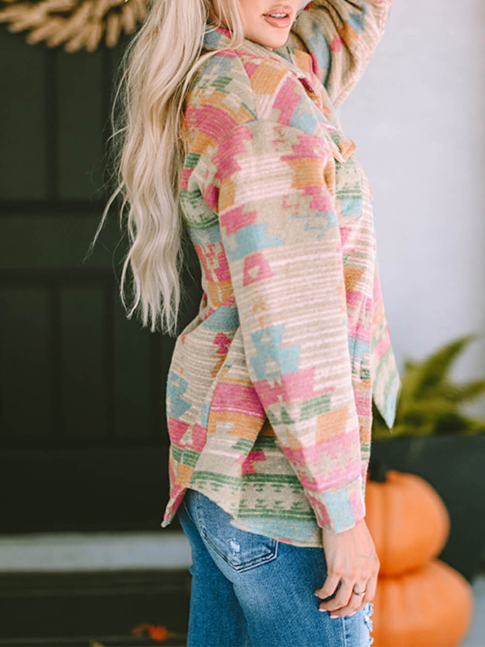 Collared Button Front Aztec Print Flannel Shacket 3