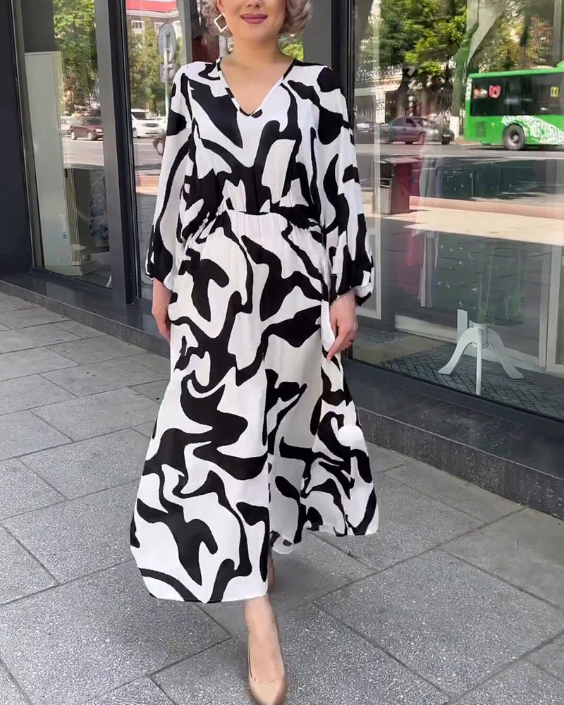 Fashion print elegant long-sleeved dress Black 23BF Casual Dresses Clothes Dresses Spring Summer