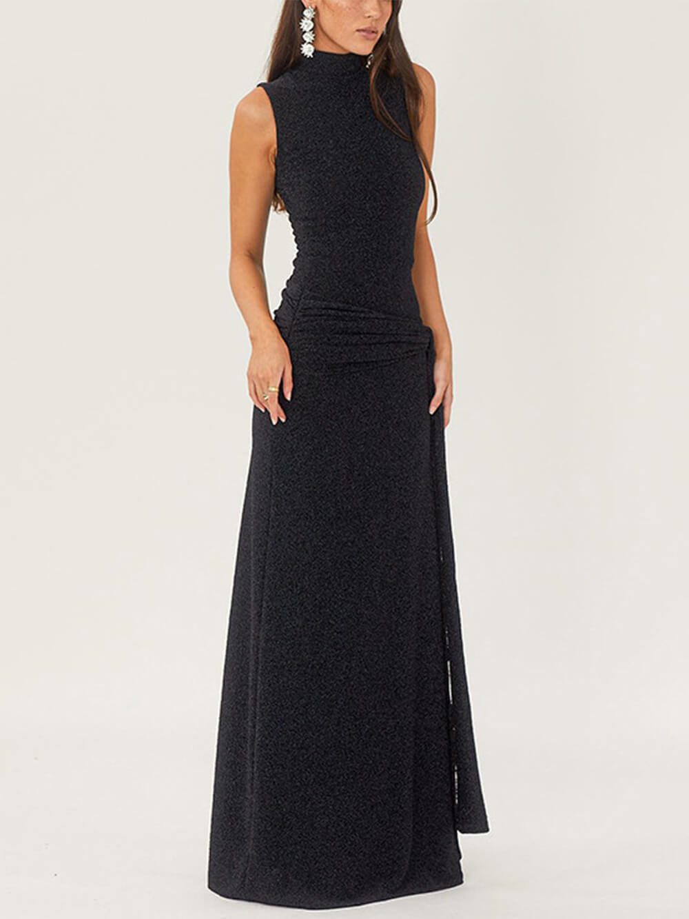 High Necked Sleeveless Long Dress With Ribbons And Bright Silk
