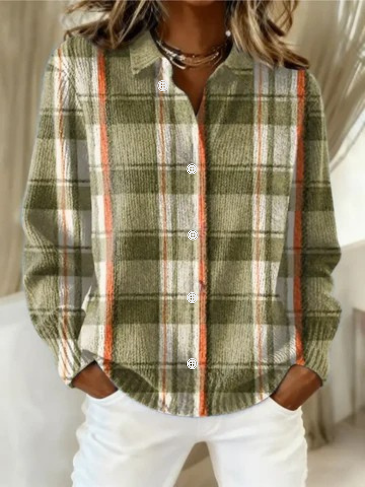 Multicolored Collared Plaid Button-Front Long Sleeve Blouse