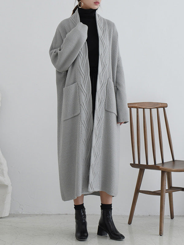 Open Front Cable Knit Longline Pocket Cardigan