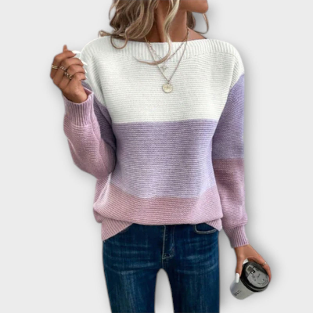Boat Neck Color Block Ribbed Knit Drop Shoulder Sweater