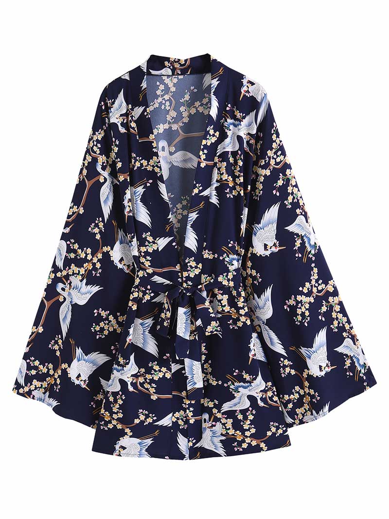 Dark Blue Crane Bird Blossom Print Belted Flared Sleeve Short Kimono Robe