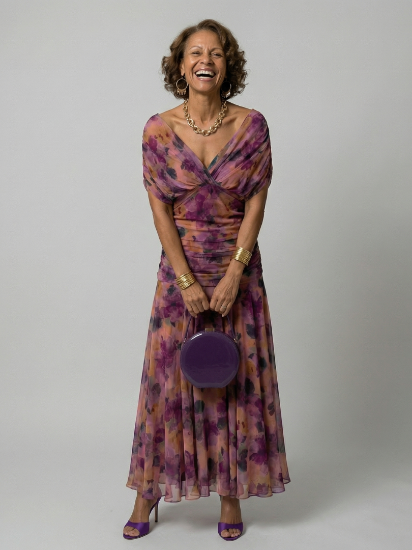 Off-Shoulder V-Neck Watercolor Floral Ruched Chiffon Maxi Dress