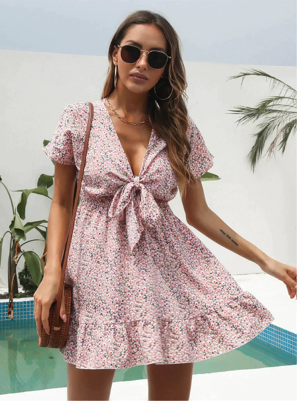 Deep V-Neck Flounces Chiffon Flowered Top S / Blue Dresses