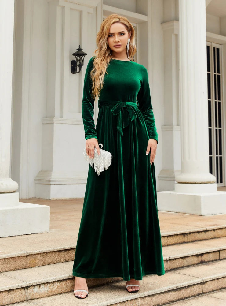 Velvet Long Sleeve Dress - Solid Color S / Green