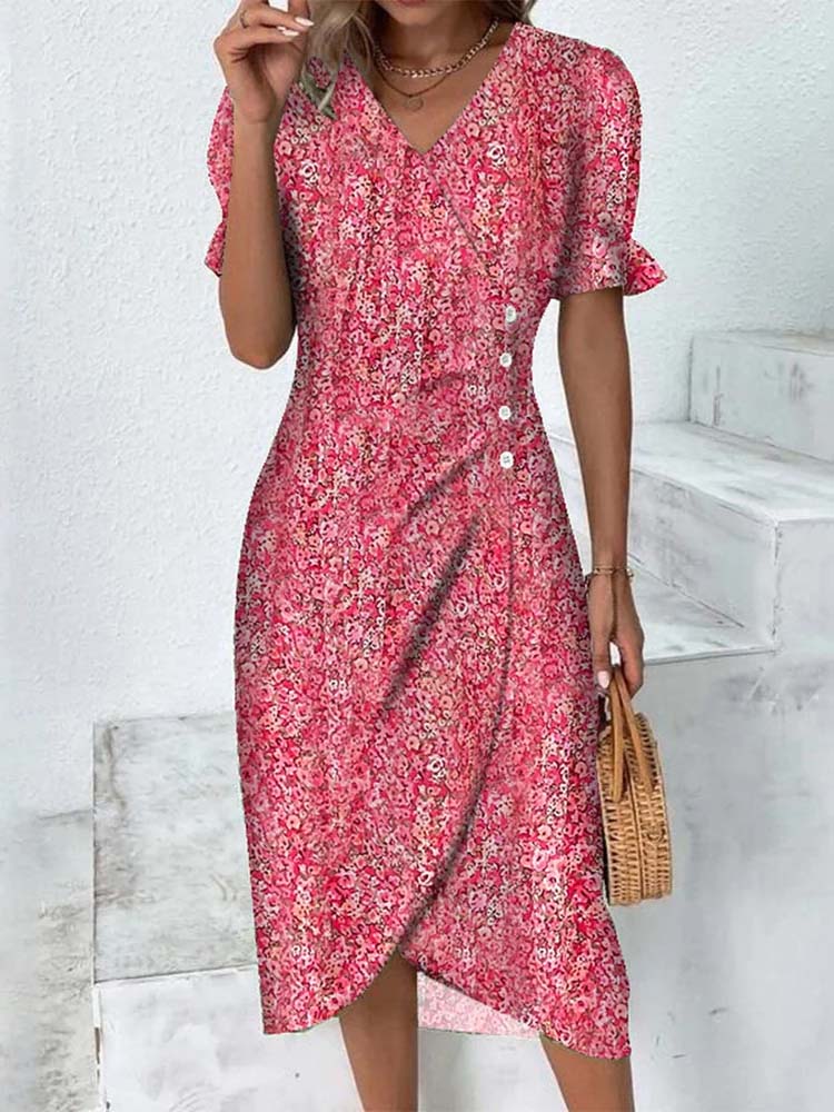 Small Pink Red Rose Print Wrap V-Neck Mini Dres