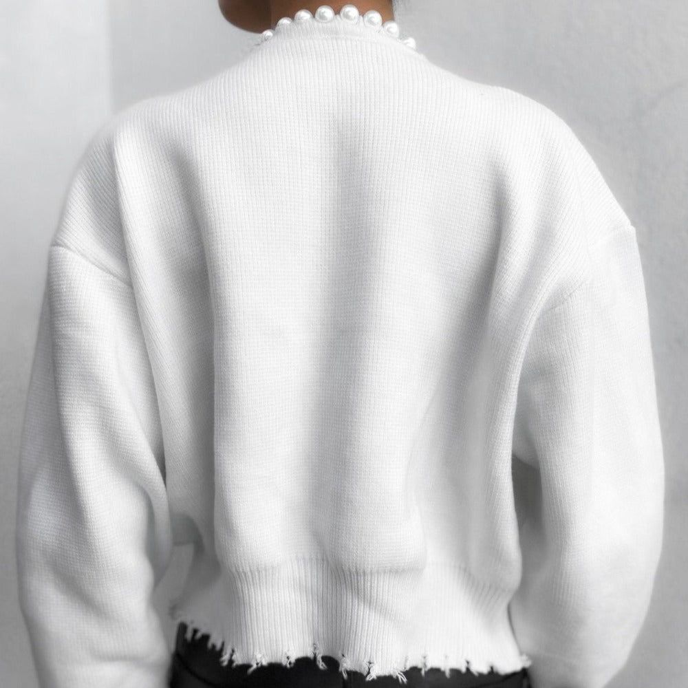 Round Neck Pearl Trim Long Sleeve Knit Cardigan