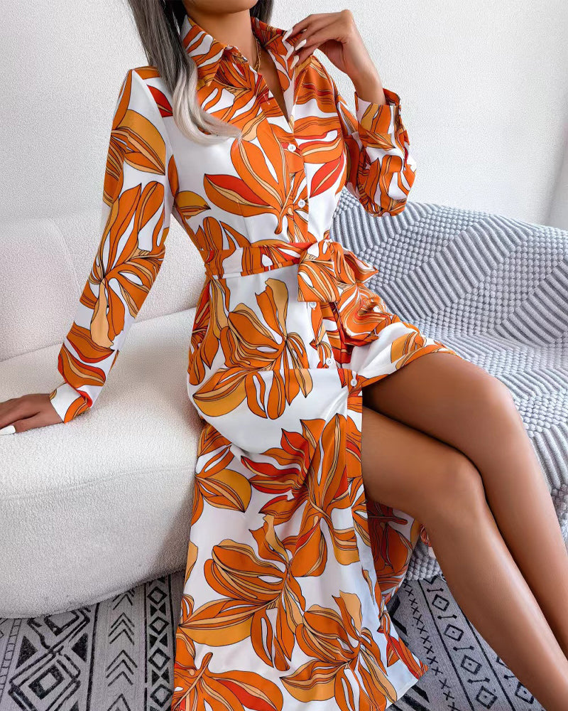 Floral Print Lapel Shirt Dress with Contrast