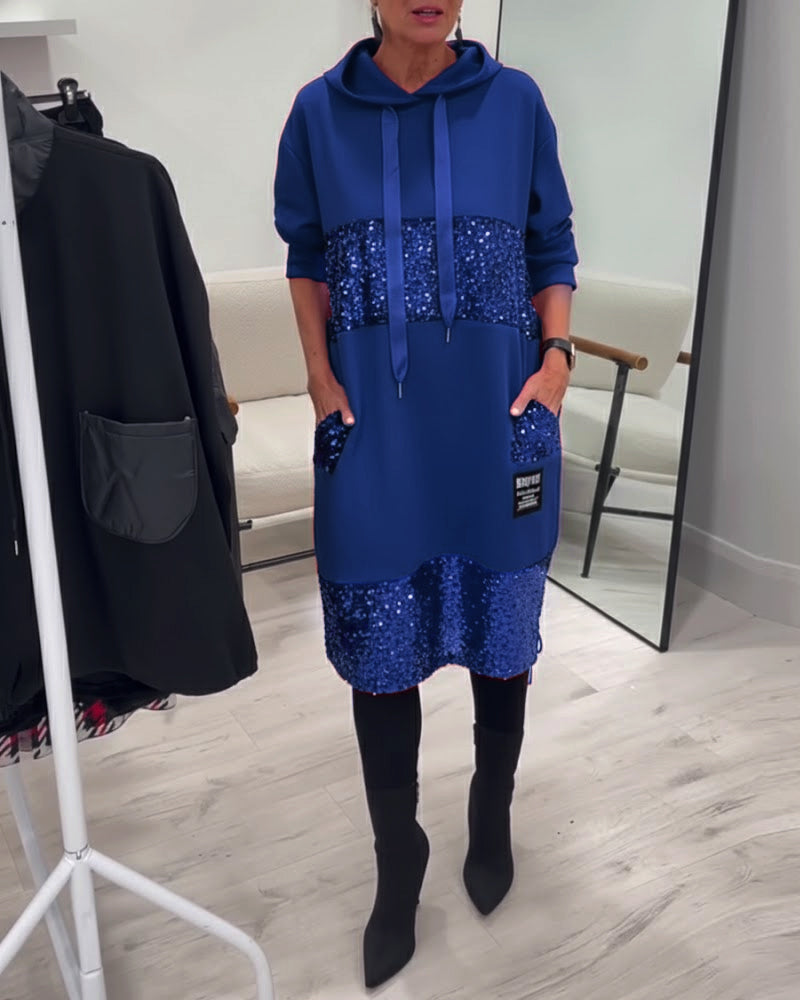 Hooded Drawstring Sequin Patchwork Panel Pocket Sweatshirt Midi Dress